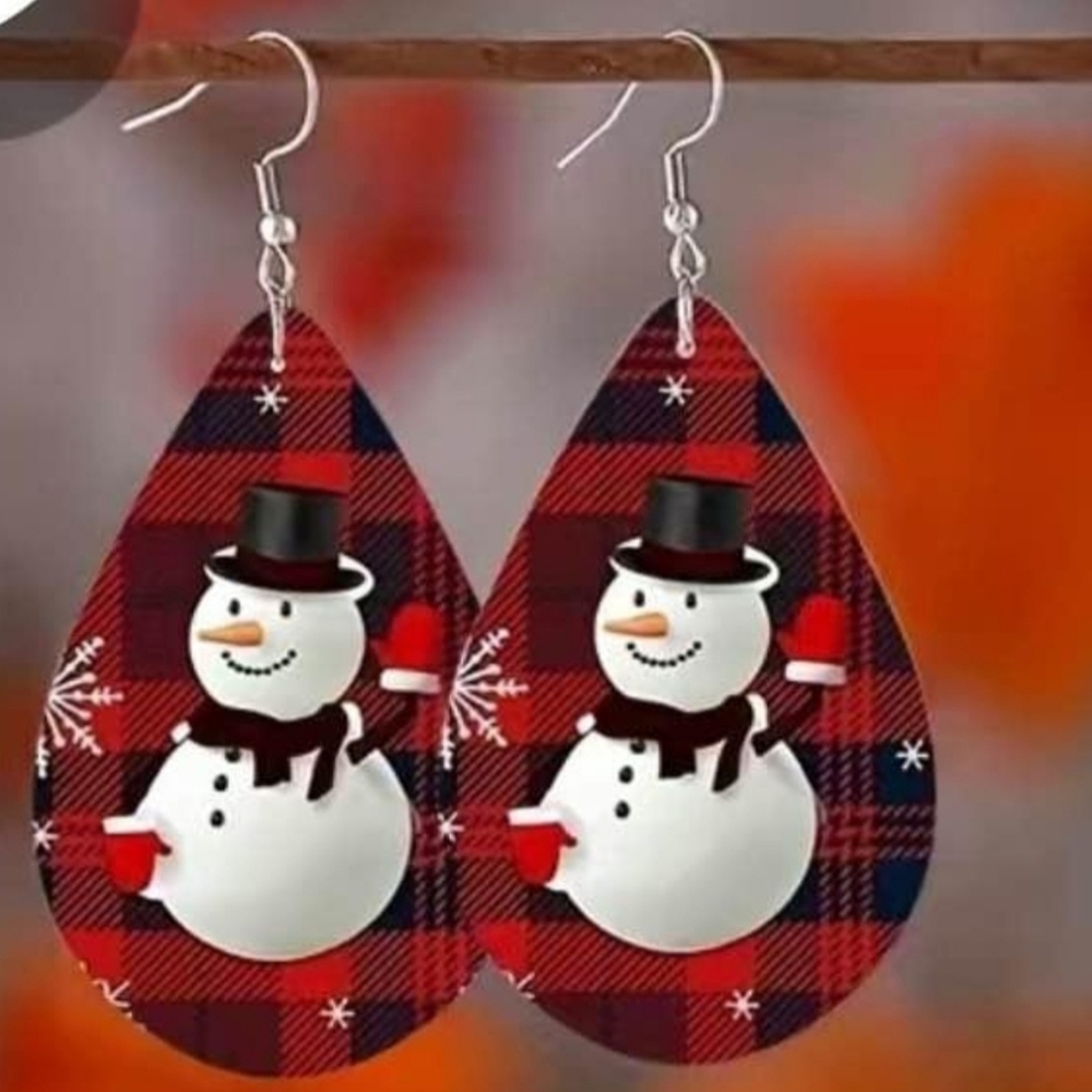 Plaid Snowman Teardrop Earrings
